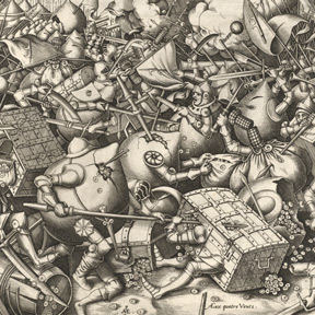 Pieter Bruegel d. Ä., Kampf der Geldkisten und Sparbüchsen (Detail), nach 1570. Albertina, Wien. Foto: Albertina, Wien