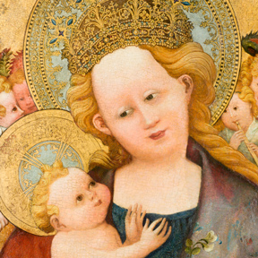 Madonna mit der Erbsenblüte (Detail), Spätes 14. Jahrhundert, Dom Museum Wien, Leihgabe der Pfarrkirche Glaubendorf, Niederösterreich. Foto: Lena Deinhardstein, Lisa Rastl
