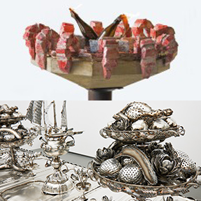 Oben: Aus der Ausstellung "The Fest" / MAK - Museum für angewandte Kunst: Michèle Pagel, Where is my pipe?, 2020. Courtesy Galerie Meyer Kainer. Foto: Kati Göttfried
Unten: Aus der Ausstellung "Mahlzeit" / Dom Museum Wien: Götz Bury, Tête-à-Tête de Luxe (Detail), 2022, Courtesy of the artist, Götz Bury © Bildrecht, Wien 2022, Foto: L. Deinhardstein Oben: Aus der Ausstellung "The Fest" / MAK - Museum für angewandte Kunst: Michèle Pagel, Where is my pipe?, 2020. Courtesy Galerie Meyer Kainer. Foto: Kati Göttfried
Unten: Aus der Ausstellung "Mahlzeit" / Dom Museum Wien: Götz Bury, Tête-à-Tête de Luxe (Detail), 2022, Courtesy of the artist, Götz Bury © Bildrecht, Wien 2022, Foto: L. Deinhardstein