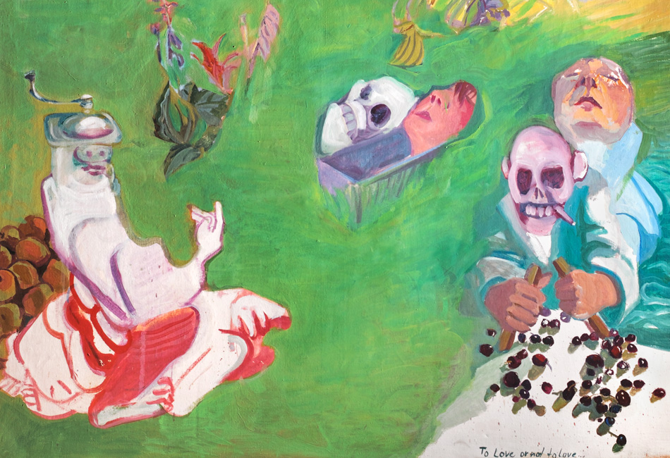 Maria Lassnig, To love or not to love… (Detail), 1964/65, bis 2008 teilweise übermalt. Maria Lassnig Stiftung, Maria Lassnig © Maria Lassnig Stiftung / Bildrecht, Wien 2023, Foto: Roland Krauss
