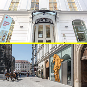 Die Eingänge des Jüdischen Museum Wien und des Dom Museum Wien. Foto Oben: Ouriel Morgensztern, Foto Unten: Hertha Hurnaus