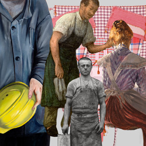 Fotomontage: Norbert Wagenbrett, Bauarbeiter und Bauarbeiterin (Detail), 1984. Museum Utopie und Alltag (Bestand Beeskow), Norbert Wagenbrett &copy; Bildrecht, Wien 2025, Foto: Thomas Kl&auml;ber. Michael Neder, Schusterwerkstatt (Detail), 1838. Belvedere, Wien, Belvedere, Wien, Foto: Johannes Stoll / Belvedere, Wien. August Sander, Lackierer, K&ouml;ln, 1932 / 1991 (Detail). Copyright: Courtesy Galerie Johannes Faber, August Sander &copy; Die Photographische Sammlung / SK Stiftung Kultur &ndash; August Sander Archiv, Cologne/ Bildrecht, Wien 2025, Foto: Galerie Johannes Faber. Birke Gorm, all-in (check, pink) (Detail), 2023. Dom Museum Wien, Otto Mauer Contemporary, &copy; Birke Gorm, Foto: L. Deinhardstein. Johann Hamza, Federnschmuckfabrik (Detail), 1902. Wien Museum, Wien Museum Inv.-Nr. 209908, Foto: Birgit und Peter Kainz, Wien Museum.